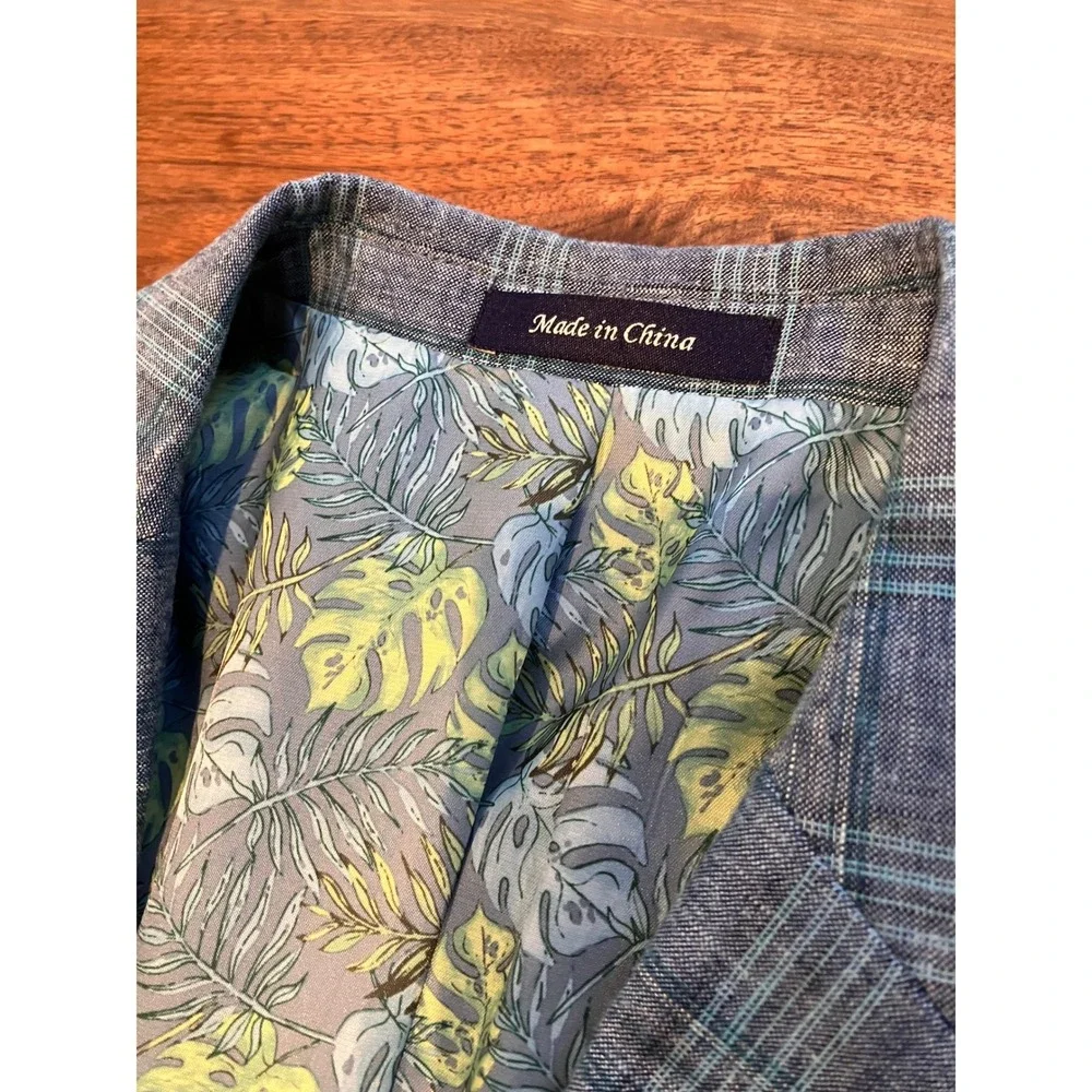 Alan Flusser Mens 44R Blue Plaid Linen Blend Sport Coat Blazer Tropical Preppy